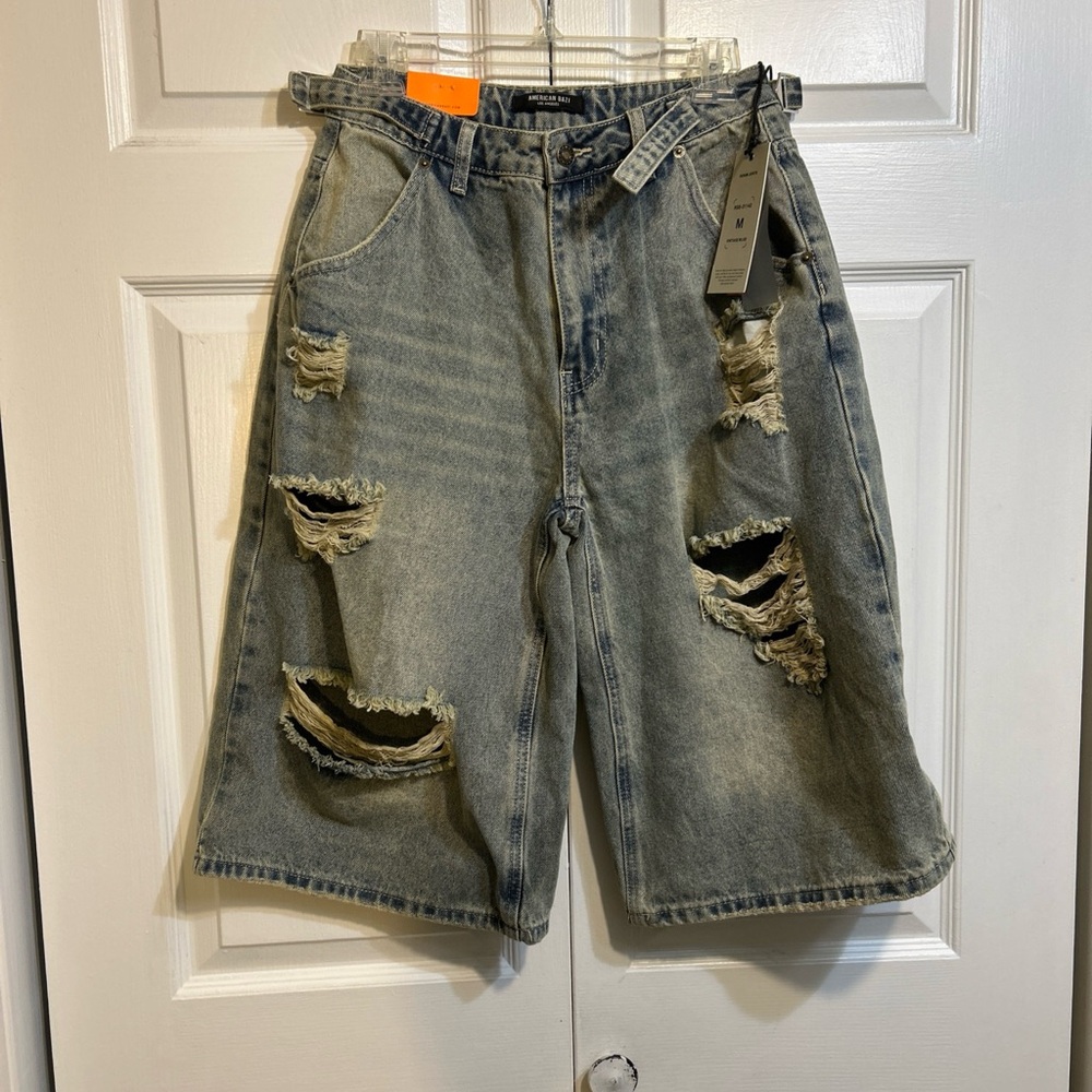 NWT American Bazi Denim Jorts Shorts Distressed Size M Medium Blue Culottes